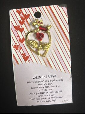 Gold-tone Valentine Angel Heart Brooch with Red Accents